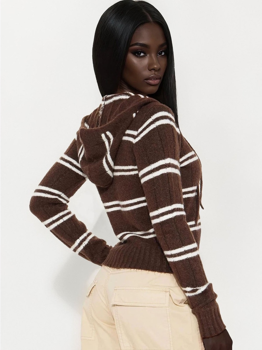 Fashion Nova Striped Life Zip Front Hoodie - Brown Combo